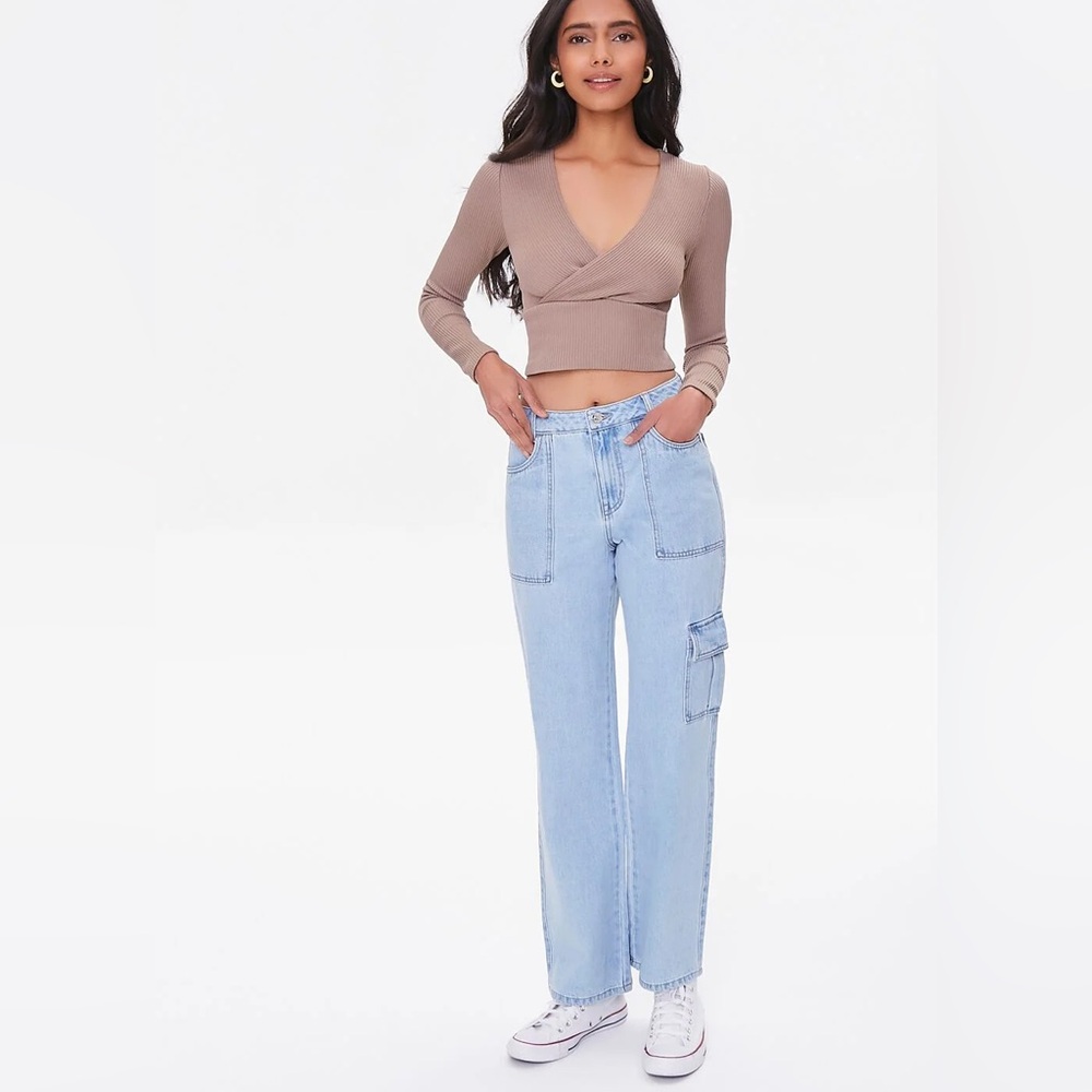 Forever 21 Women's Light Blue Denim Cargo Pants Straight Leg Sz 28